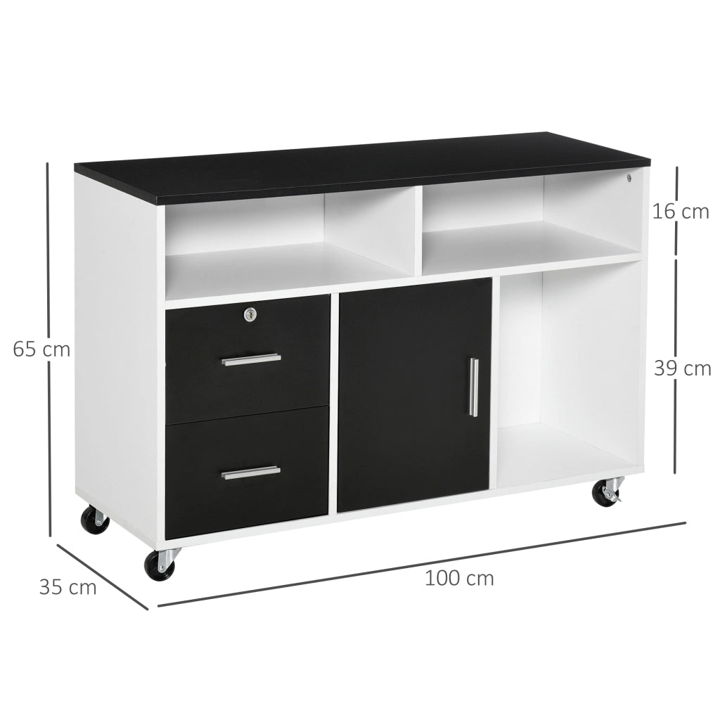 Mobile Porta Stampante con Cassetti, Mobiletto Multiuso per Ufficio e Casa, Nero e Bianco, 100x35x65cm