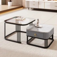 Set di 2 Tavolini da Salotto Impilabili con Piano in Marmo Lucido e Vetro, Struttura in Metallo e Cassetti, 60x60x42 cm + 50x50x34 cm, Nero
