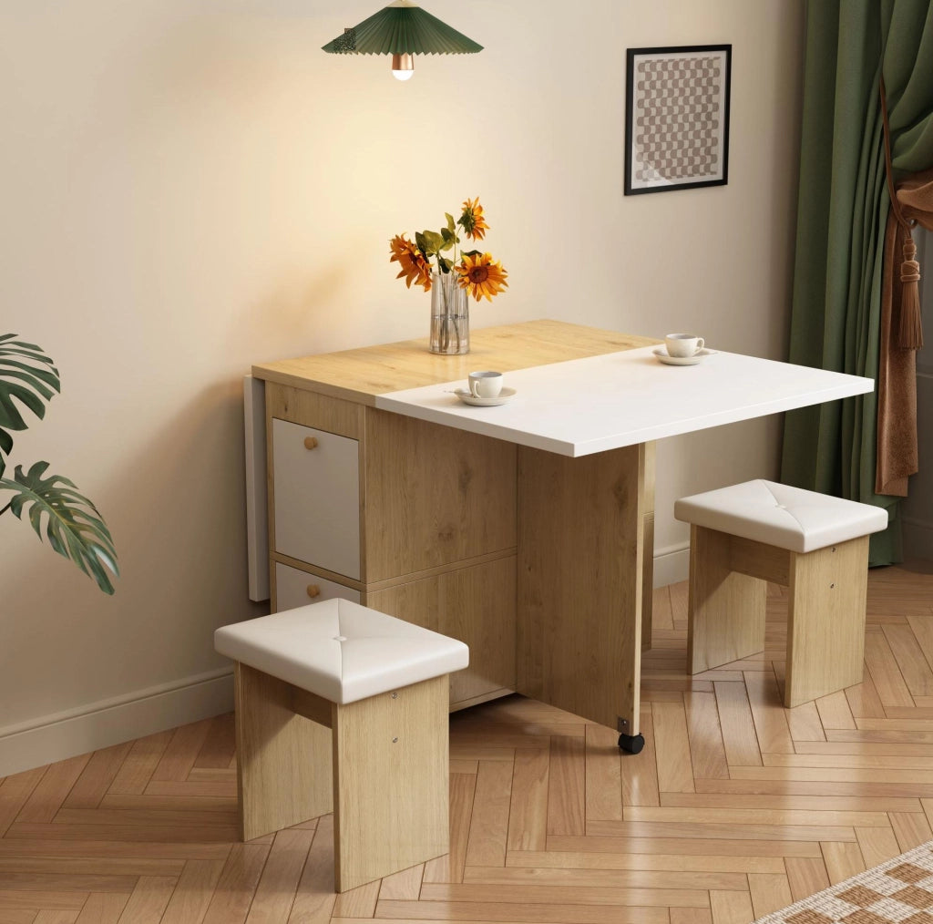 Set tavolo da pranzo pieghevole con 4 sedie bianco e rovere