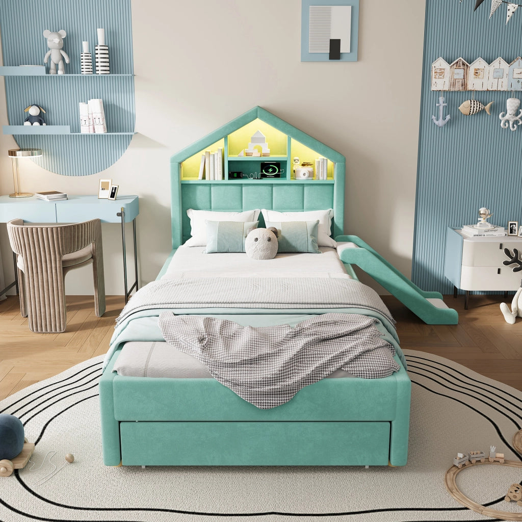 letto per bambini velluto blu verde 90 x 200 cm