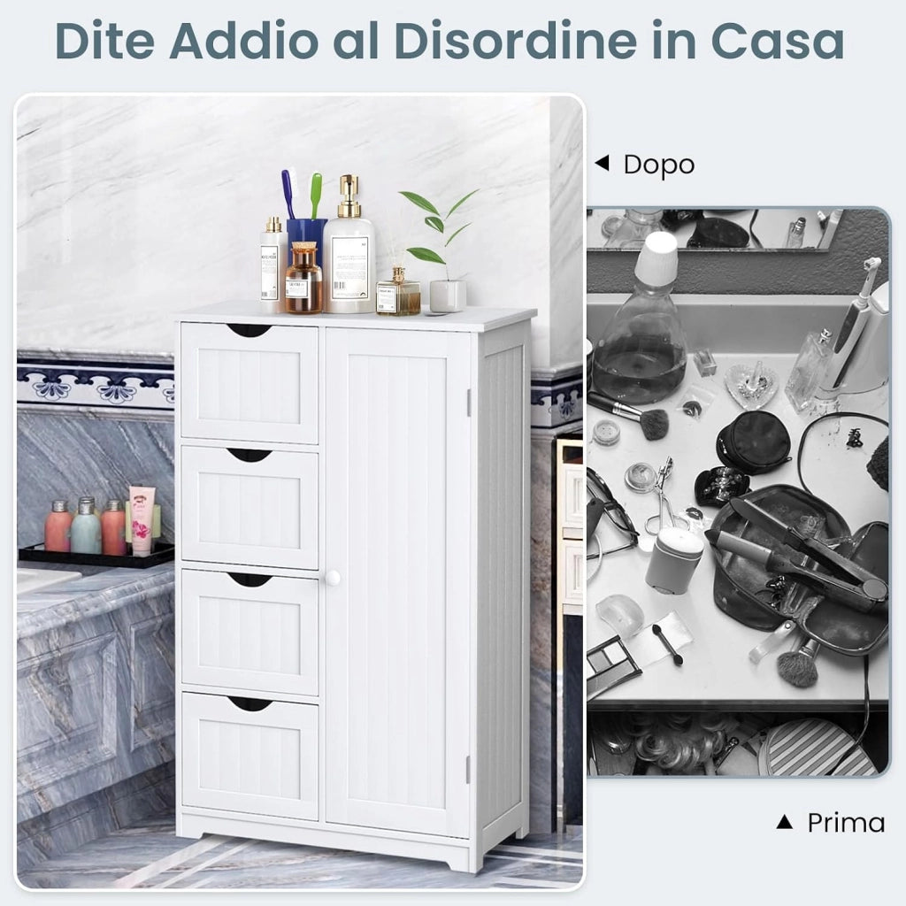 Mobile Bagno 56 x 30,5 x 81 cm, Mobiletto Bagno Salvaspazio con 4 Cassetti e Mensola Regolabile, Armadietto Multiuso per Ingresso, Salone, Camera da Letto e Cucina (Bianco)