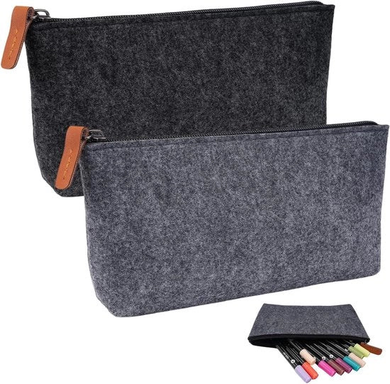 Due Cesti di Tessuto per Organizzare 21 x 11 cm Borsa per Matite, Pennarelli e Accessori per Ufficio e Scuola con Zip in Nero e Grigio