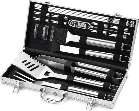 Set da BBQ 21 delig + Termometro da BBQ - Accessori da BBQ - Attrezzatura da BBQ - Pennello da BBQ - Borsetta da BBQ in Pelle Luxe