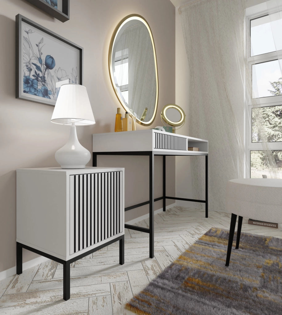 MOBILE RAVENNA F SOTTOSCRIVANIA IN MDF VERNICIATO COMODINO 1D BIANCO OPACO NERO OPACO STRUTTURA NERO