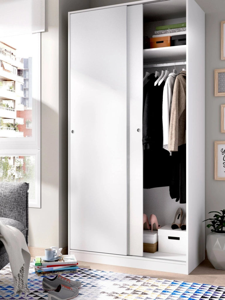 Guardaroba Abigale, Mobile appendiabiti per camera da letto, Armadio con 2 ante scorrevoli, 100x50h204 cm, Bianco