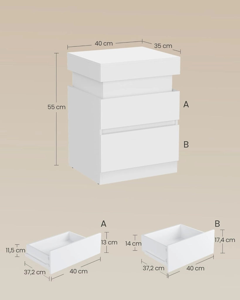 VASAGLE KAILYN Collezione - Comodini con Multipresa, Set di 2, Tavolini con Piano Scorrevole, 2 Cassetti, Striscia LED, Stile Moderno, 35 x 40 x 55 cm, Bianco Neve LET840WB01