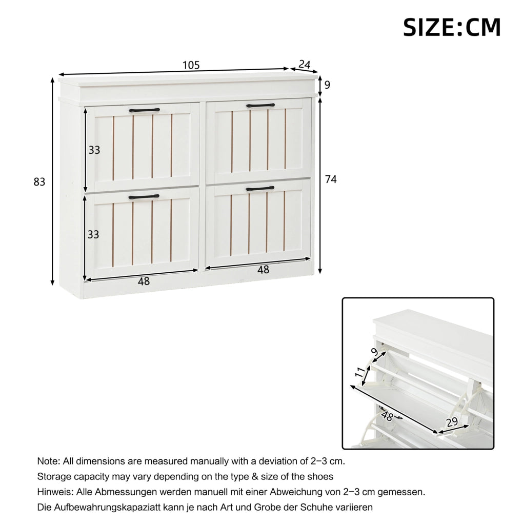 Scarpiera salvaspazio a 4 ante ribaltabili 105x24x83 cm in MDF bianco