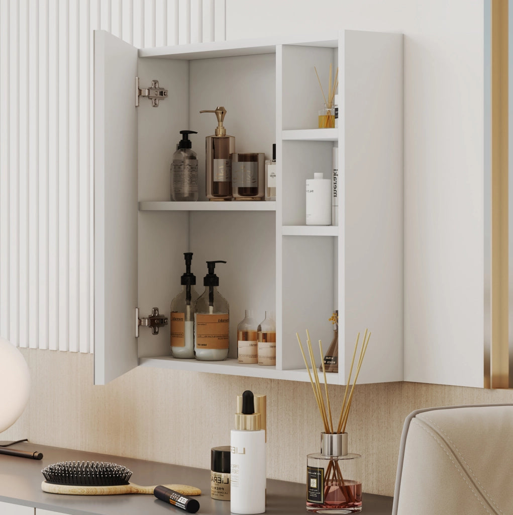 Armadio Specchiera da Parete 55×56 cm con Specchio di Sicurezza e Ripiani Interni, Bianco, per Bagno e Trucco