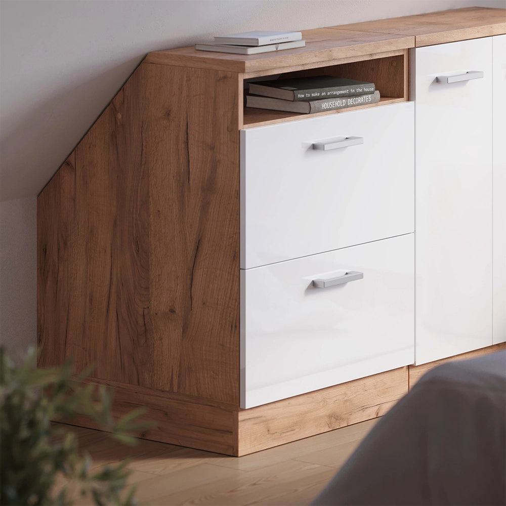 Mobile cucina sottotetto R-Line Bianco lucido/Rovere dorato 60 cm con 2 cassetti, carcassa 60 cm profondità Vicco