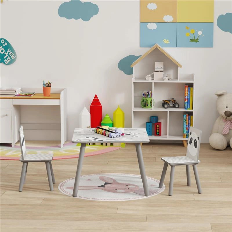SET TAVOLINO E 2 SEDIE PER BAMBINI 3-8 ANNI IN MDF E LEGNO DI PINO GRIGIO