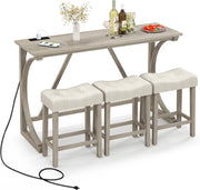 Set da Tavolo da Bar da 4 Pezzi con Presa di Corrente, Set da Tavolo da Pranzo Alto con 3 Sgabelli Imbottiti, Set da Tavolo da Bistro in Legno per Cucina, Sala da Pranzo, Soggiorno