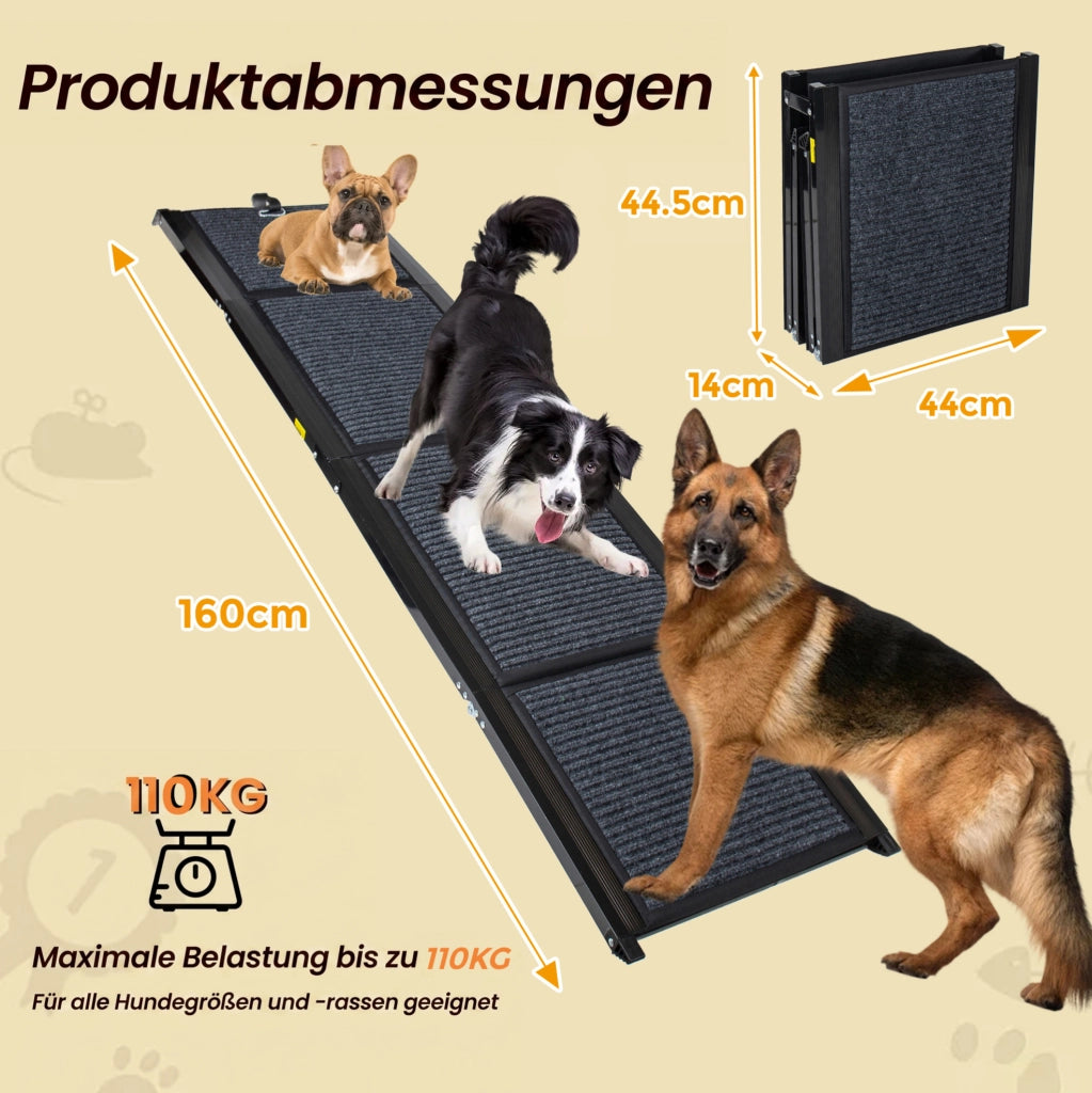 Rampa pieghevole per cani da auto 160 cm; antiscivolo; in acciaio; nero