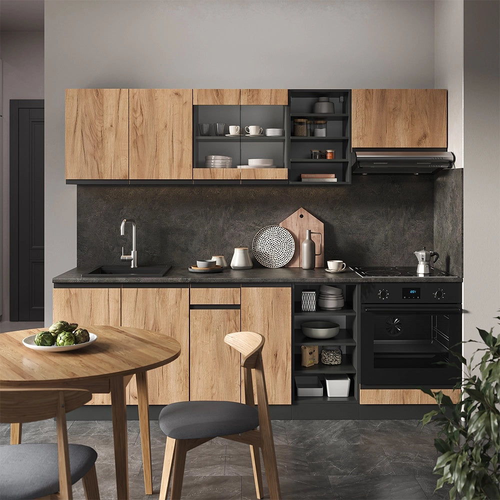 Cucina componibile R-Line Rovere dorato/Antracite 240 cm J-Shape, PL Marmo Vicco