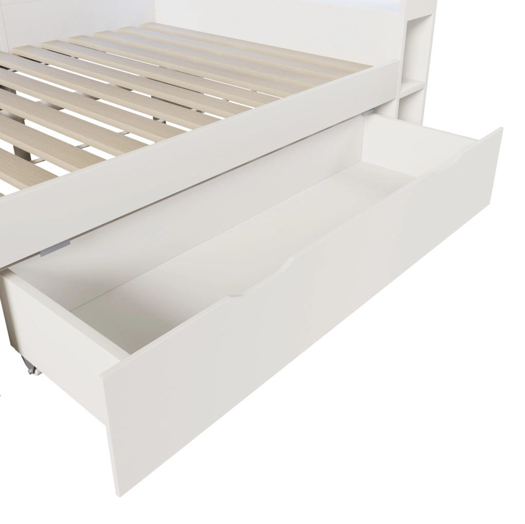 Letto funzionale bianco 140x200 cm con LED, USB, vani contenitore e cassetti