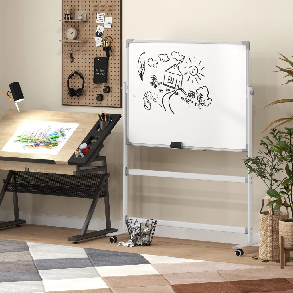 Lavagna Bianca Magnetica a 2 Facce con Accessori e 4 Ruote 127x50x165 cm
