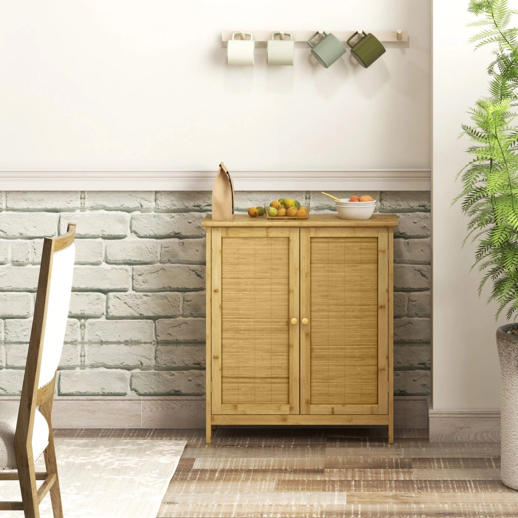 Credenza Mobile Soggiorno in Stile Boho 2 Ante in Rattan e Bambù 60x27x67,5 cm