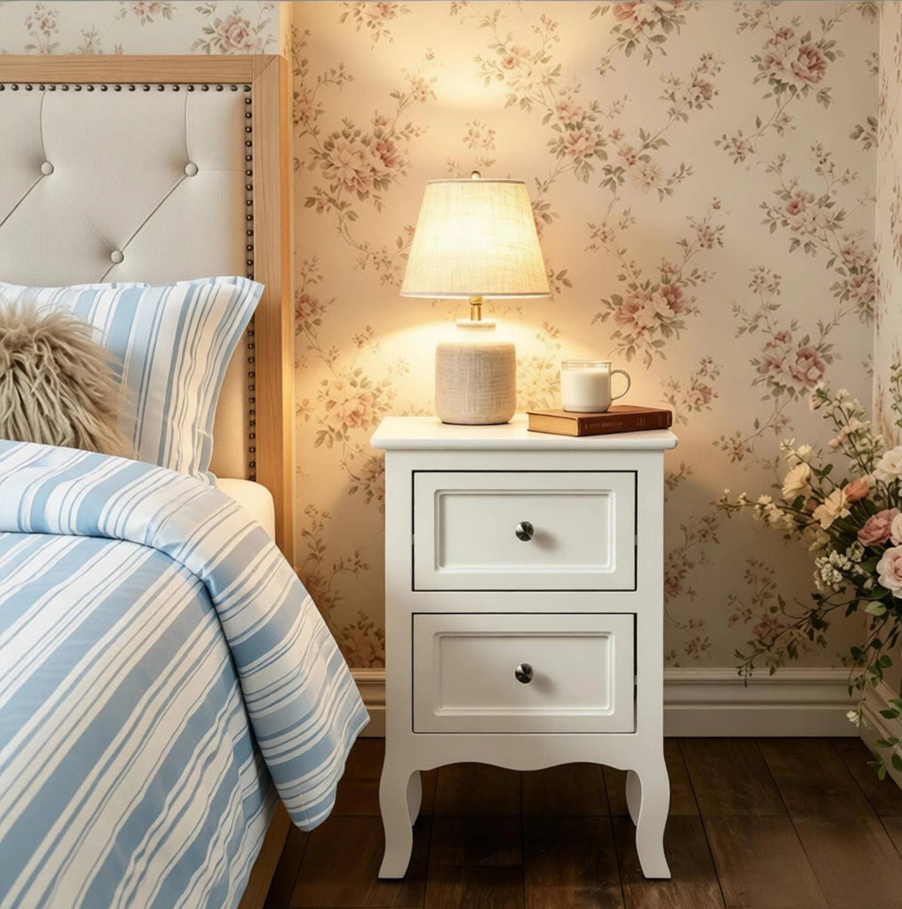 Comodino moderno bianco con 2 cassetti in MDF laccato 40x60x30 cm