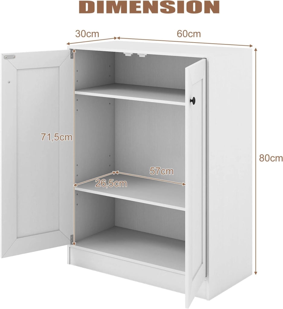 Credenza Cucina con 2 Ante, Mobile Cucina Dispensa con 2 Ripiani Regolabili e Kit Antiribaltamento, Mobiletto per Soggiorno, Sala da Pranzo, Camera da Letto, Ingresso, 60x30x80cm (Bianco)