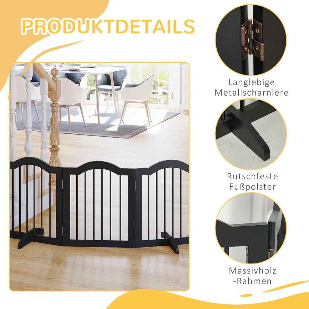 Cancelletto per cani pieghevole a 3 pannelli con piedini di supporto in legno nero per porte e scale 154,5 × 61 cm