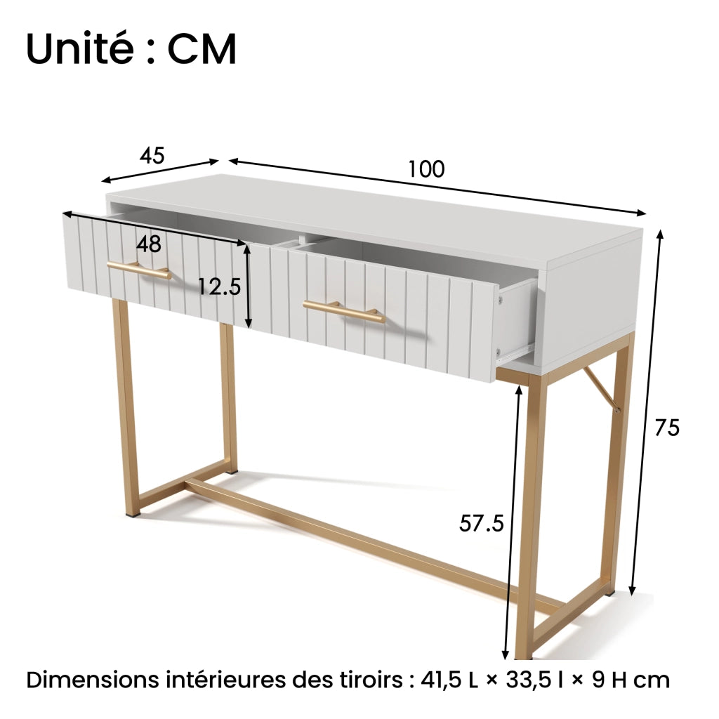 Toeletta con 2 Cassetti e Piedini Regolabili; Maniglie Dorate; per Camera; 100 x 45 x 75 cm; Bianco