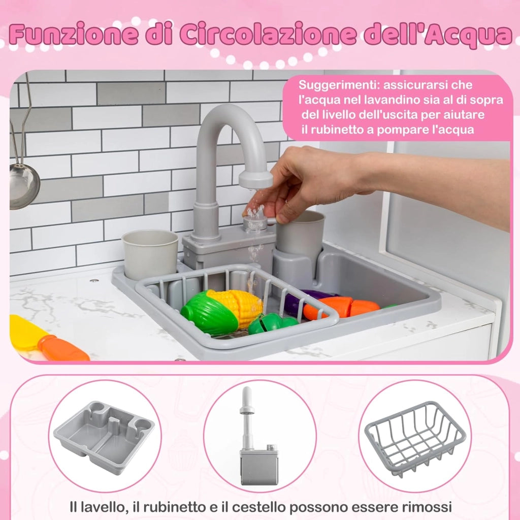 Cucina Giocattolo per Bambini, Set da Cucina in Legno con Luci e Suoni, Macchina del Ghiaccio, Cappa, Fornelli, Microonde e Lavastoviglie, per Bambini 3+ Anni, 118 x 29 x 100cm (Rosa)