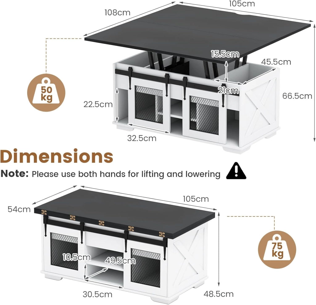 Tavolino da Caffè Sollevabile, Tavolini Salotto Moderno con 3 Vani Nascosti, 2 Ante Scorrevoli, Piano Sollevabile, Carico 75 KG, Tavolo per Salotto, Ufficio, 105 X 108 X 66,5 CM (Nero)