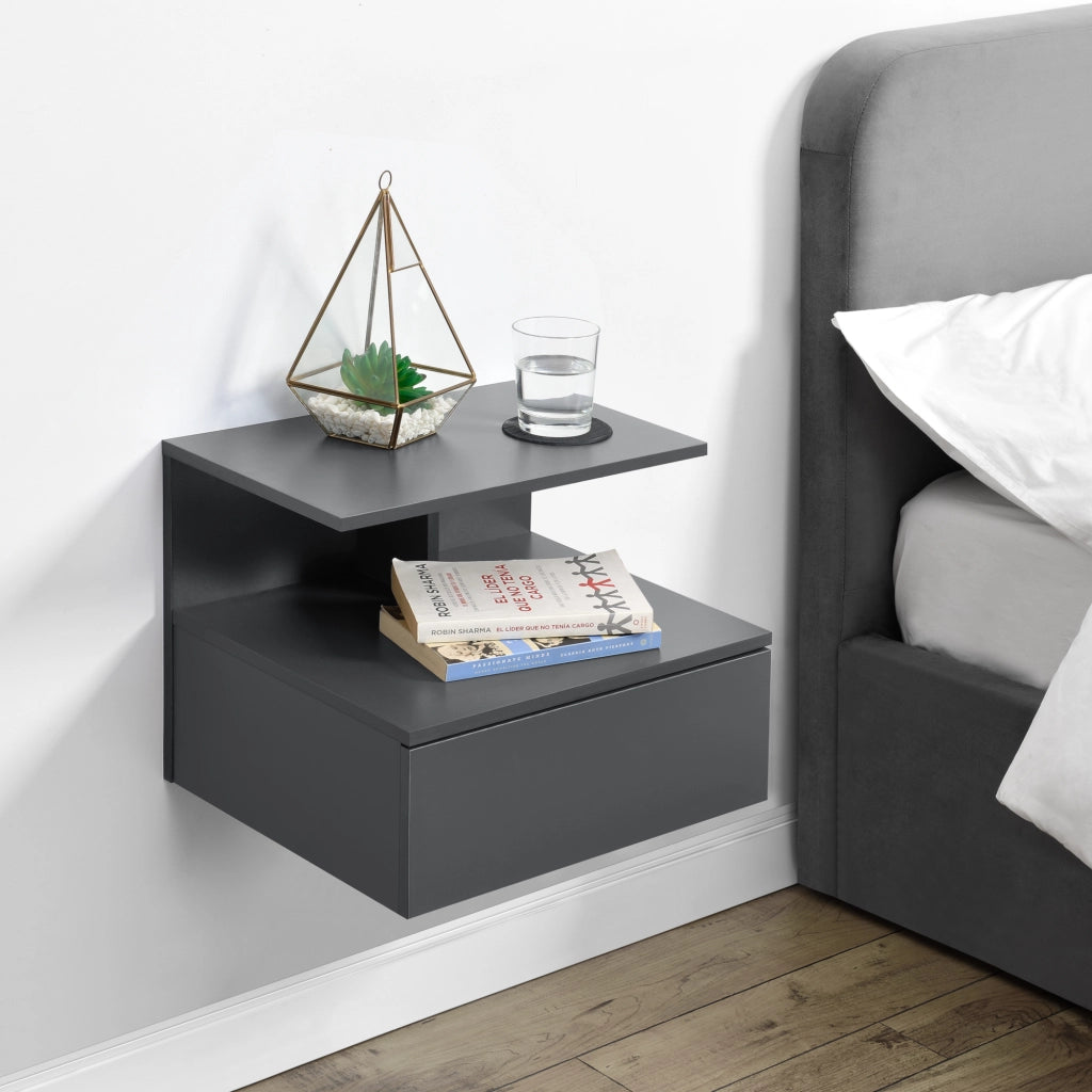 Comodino da Parete Amberg con Cassetto e Ripiani 40x35x31 cm - Grigio Scuro [en.casa]