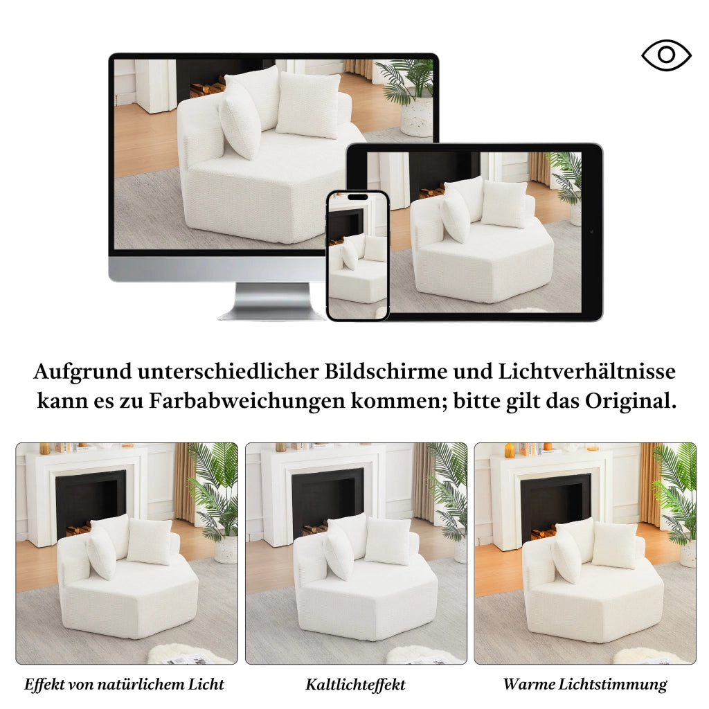 Poltrona da salotto modulare esagonale con tre cuscini e rivestimento in ciniglia beige con molle e schiuma