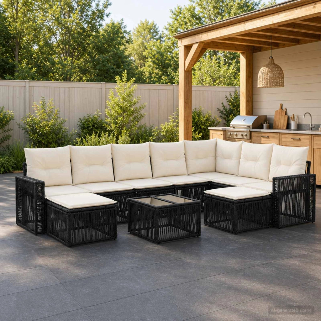 Set Divano da Giardino 10 pz Nero e Bianco Crema polyrattan 3435313