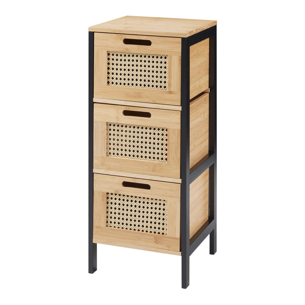 Cassettiera Tervola con 3 Cassetti in Bambù - Nero / Naturale / Effetto Rattan [en.casa]