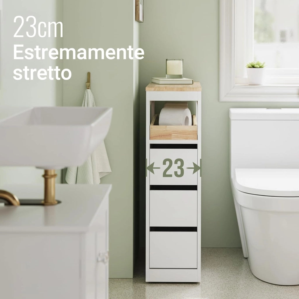 Mobile Bagno, Mobile Salvaspazio con 3 Cassetti, Ripiano in Legno e Rotelle – Mobiletti Stretti, Cassettiera Bagno da Terra, Struttura Resistente e Design Moderno BZR54-II-W