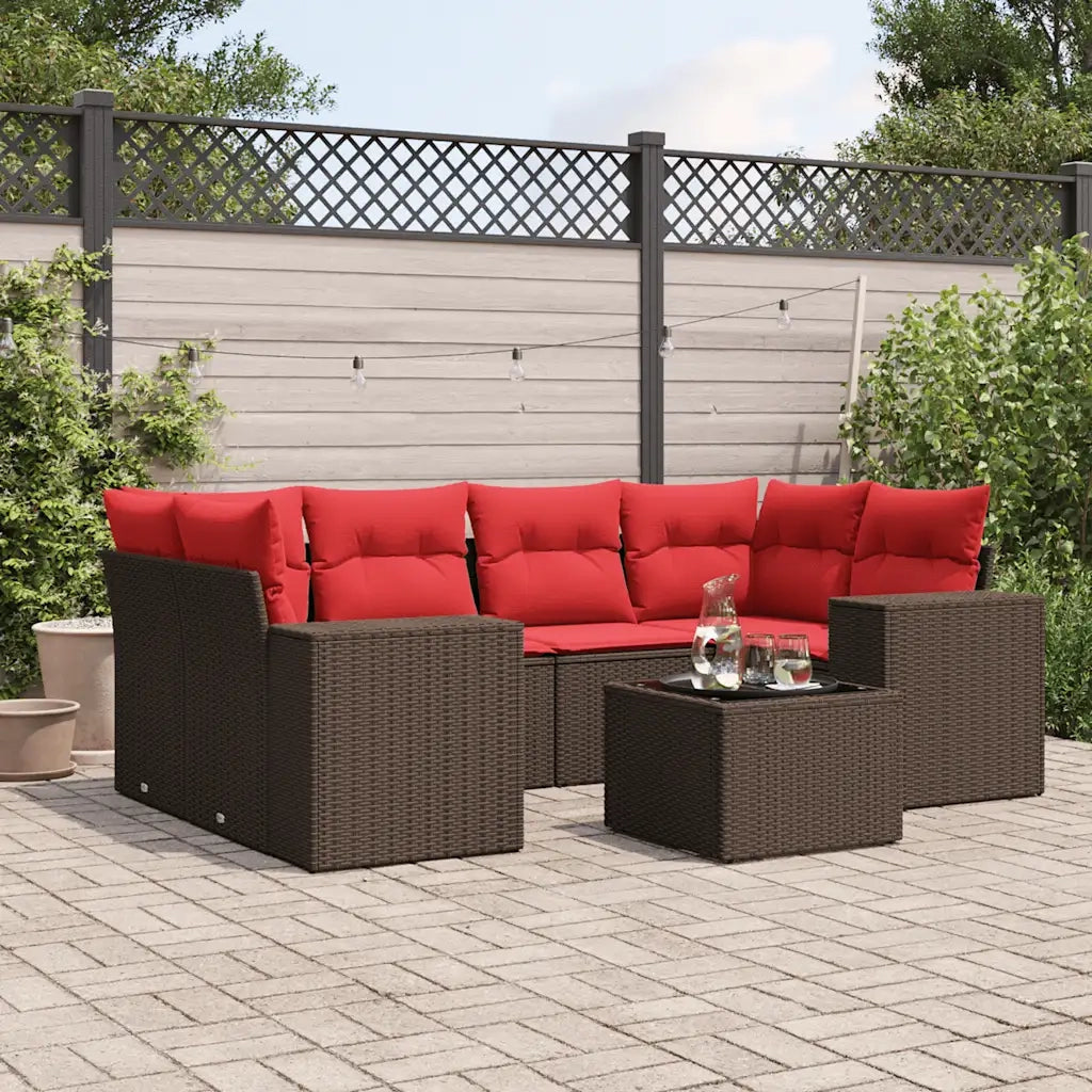 Set Divani da Giardino 7 pz con Cuscini Marrone in Polyrattan 3222323