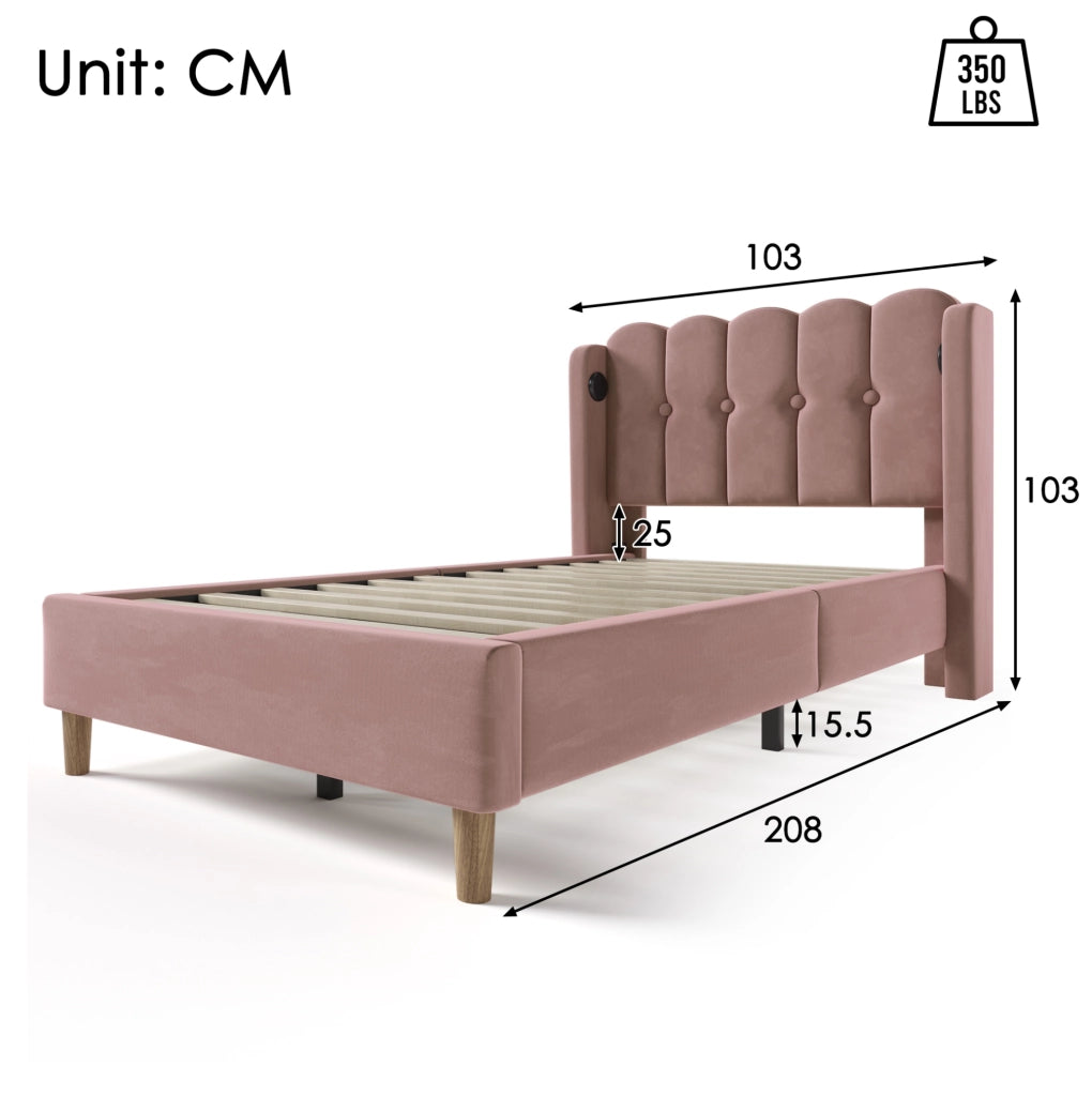 Letto imbottito 90x200 cm con ricarica USB e Type-C; velluto rosa (Senza materasso)