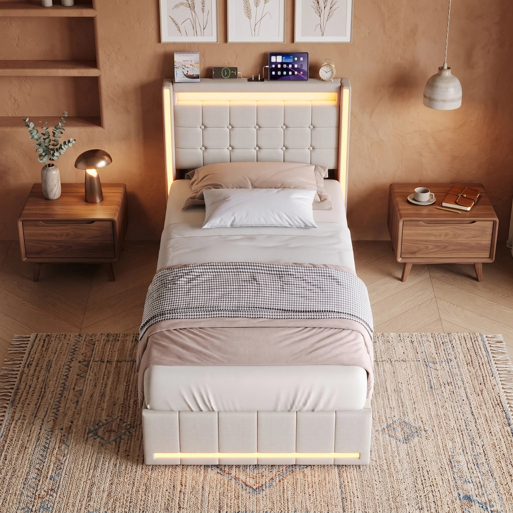 Letto singolo 90x200 cm con contenitore e LED  struttura letto con testiera e USB  letto contenitore in acciaio-beige