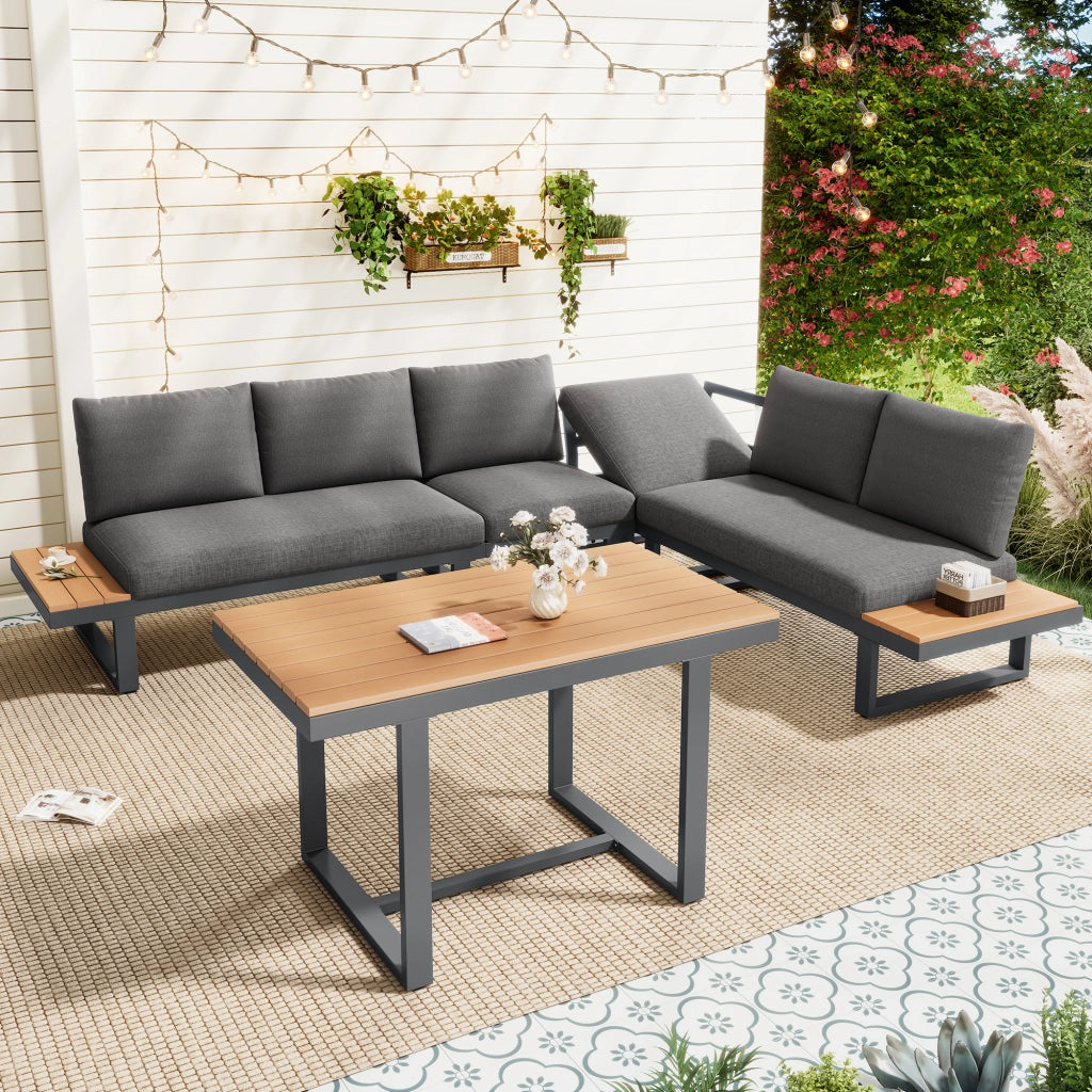 Set da Giardino con Tavolo e Divano Angolare ¨C MINIMAL ¨C Polyrattan Grigio/Nero, Acciaio