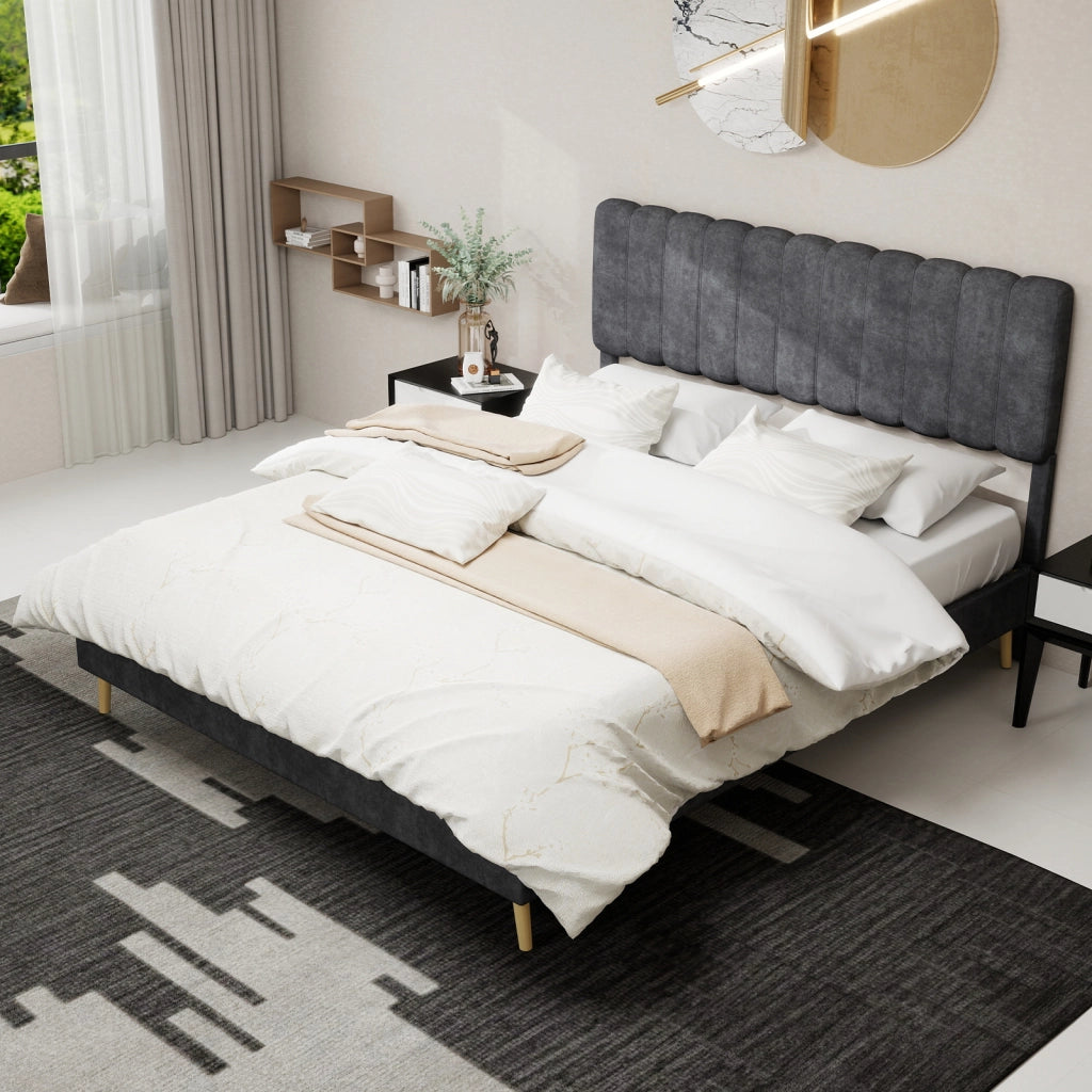 Letto Matrimoniale 160x200 cm; 2 Posti - Struttura Bassa; in Tessuto e Metallo - Grigio