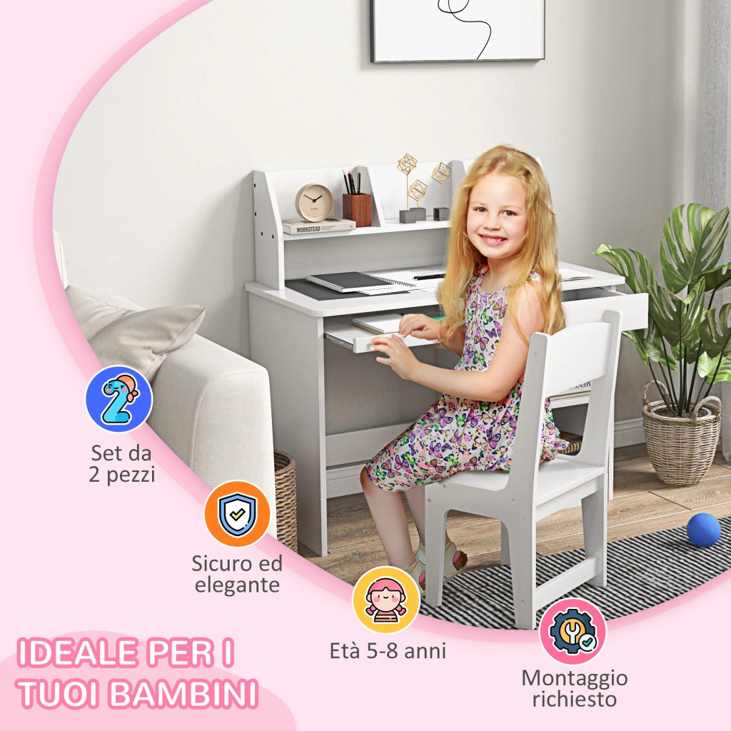 Sedia e Scrivania per Bambini ¨C zephmum ¨C Legno Bianco con Scaffale e Mensola