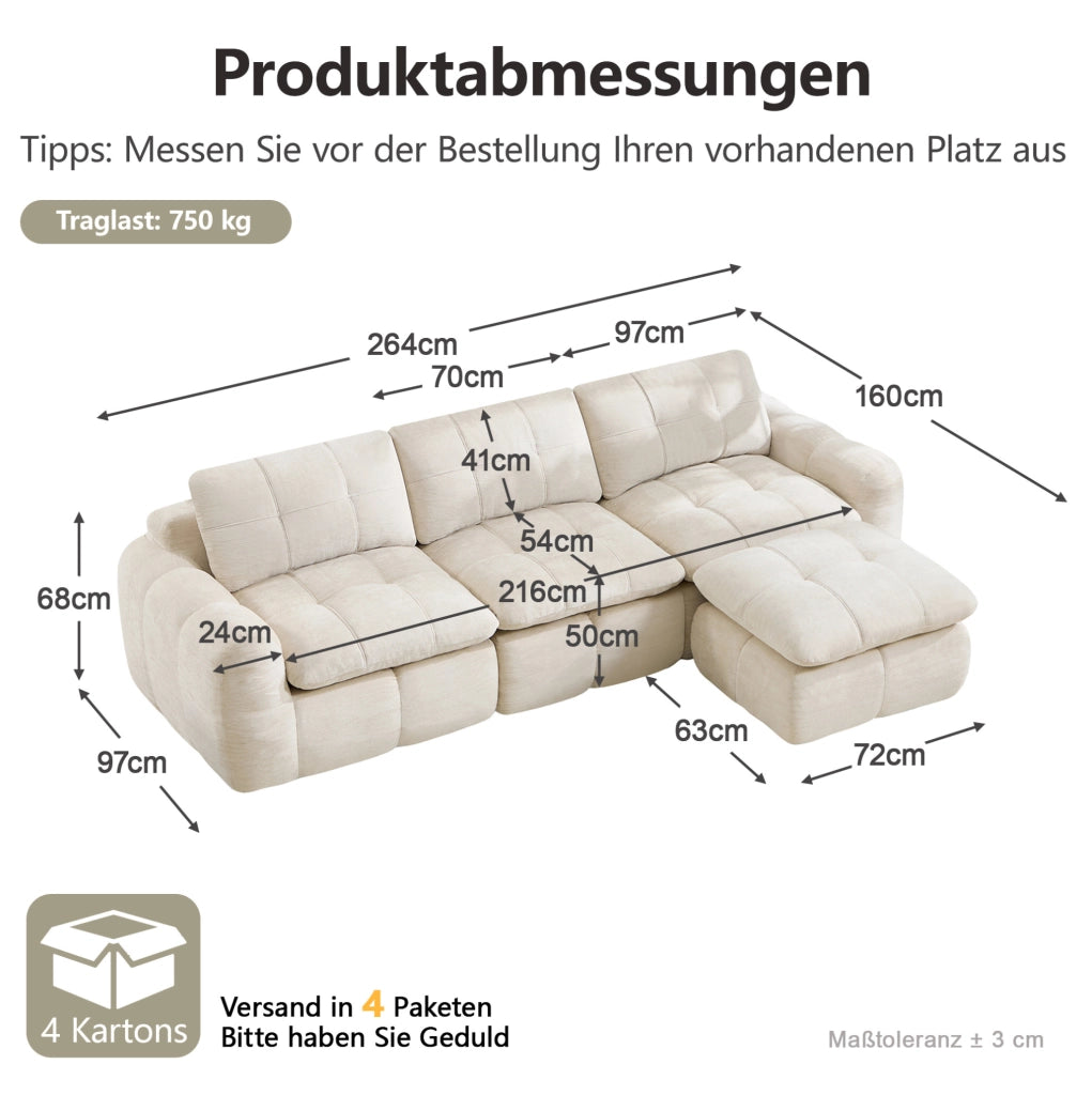 Divano modulare angolare a 3 posti con pouf 264x160x68 cm in chenille beige