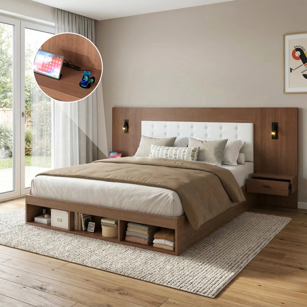 Letto Matrimoniale Contenitore con Comodini ¨C MINIMAL ¨C Legno Noce 180x200