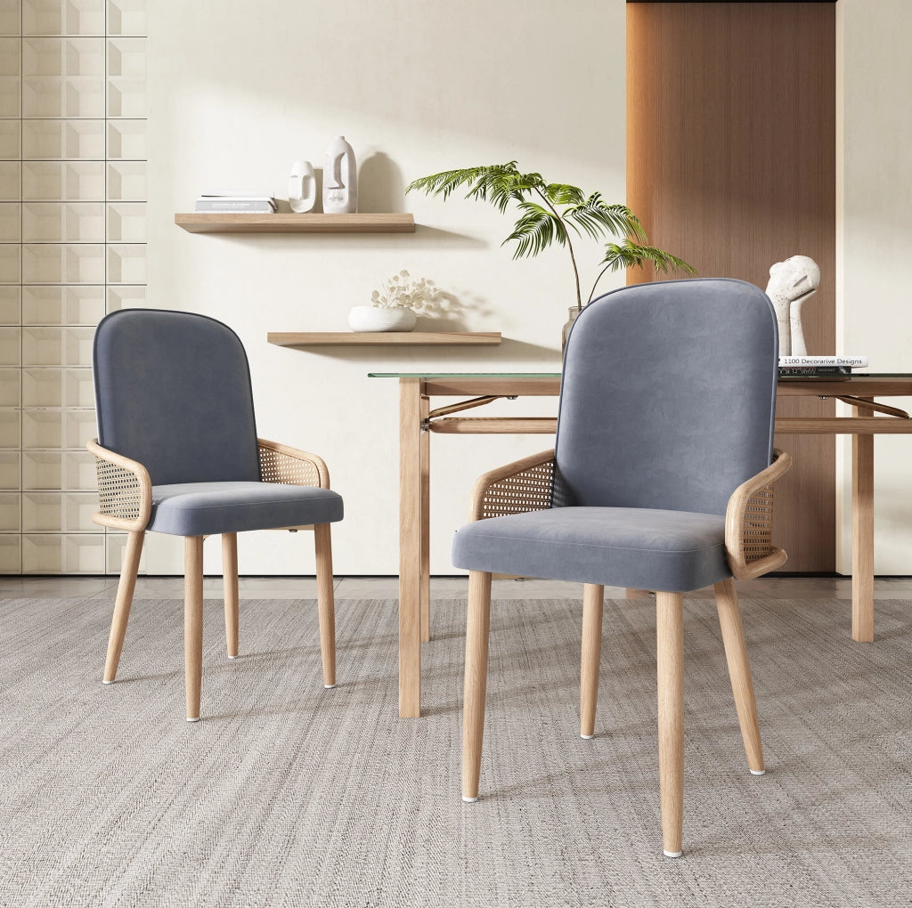 Set di 4 sedie da pranzo in velluto con design rattan e gambe in metallo grigio