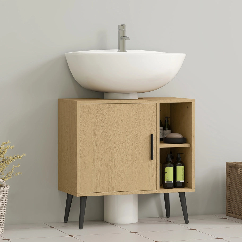 Mobile Sottolavabo Bagno con Anta a Chiusura Progressiva e Ripiano Regolabile ¨C zephmum ¨C Rovere 60x30x59.5