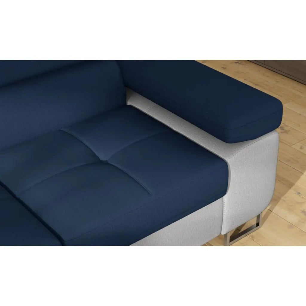Divano angolare trasformabile MENTON blu oceano e bianco bouclé – Angolo sinistro con vano contenitore