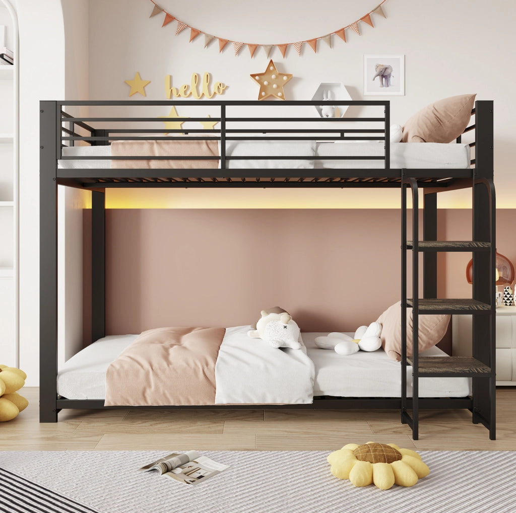Letto a castello 90x200 cm in metallo e MDF; nero; con scala ampia e protezione anticaduta