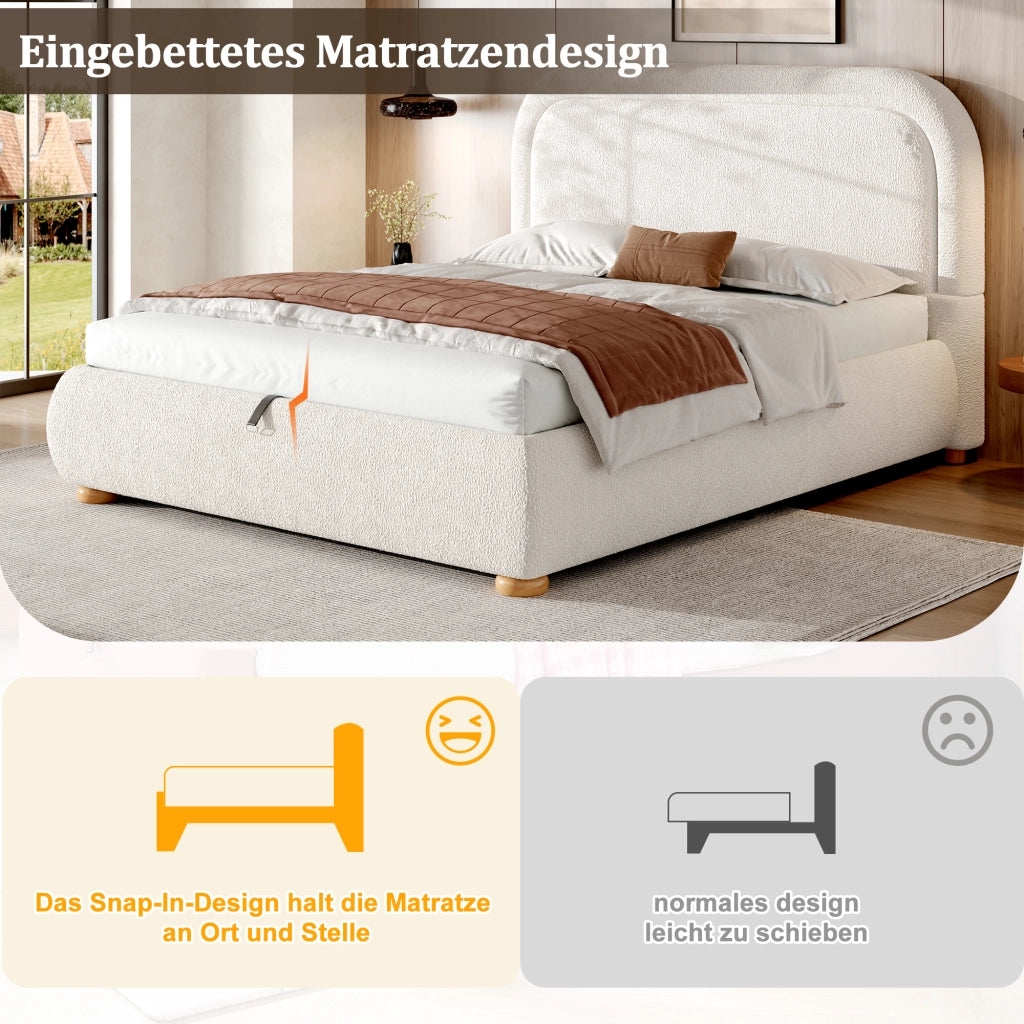 DESMIU Lit coffre 160 × 200 cm 2 posti con contenitore idraulico, senza materasso, in bouclé bianco