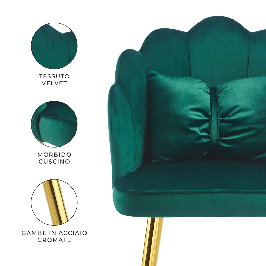 Poltroncina Elegante in Velluto con Schienale a Conchiglia, Cuscino e Gambe in Acciaio, Sedia Imbottita elegante VerdeSottobosco
