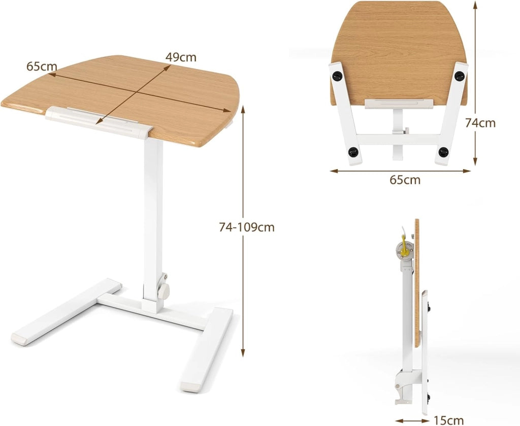 Tavolino regolabile in altezza 74 – 109 cm, tavolino con ruote nascoste, tavolo per computer portatile con piano inclinabile di 90°