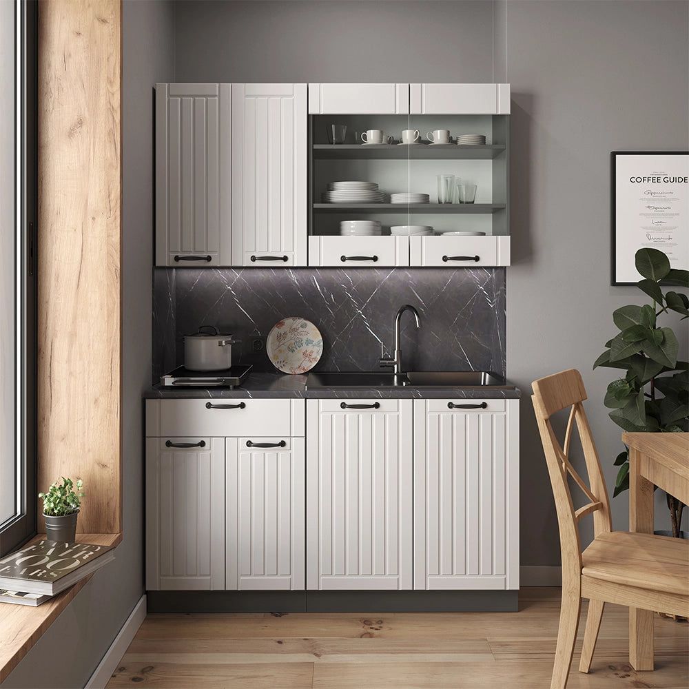 Cucina completa Fame-Line Bianco rustico/Antracite 140 cm, PL Marmo Vicco