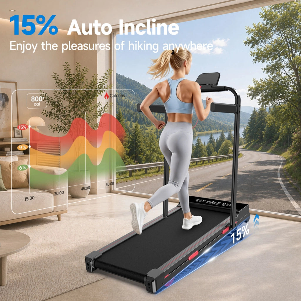 Tapis Roulant Pieghevole 2 in 1 con Corrimano e Pendenza Automatica 15%, Silenzioso  2,5CV, 1-10km/h, 150kg, Display LED, Telecomando e APP