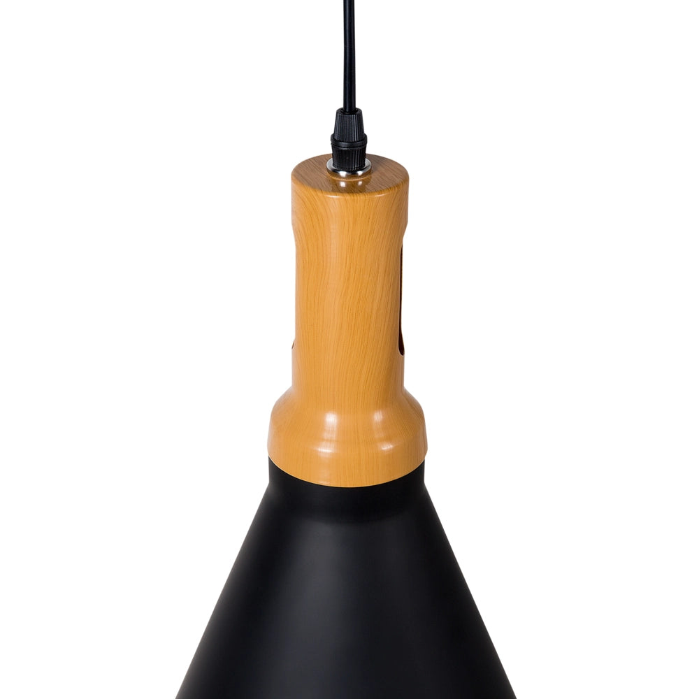 Lampadario Lampada a Sospensione Nera con Paralume Conico in Alluminio dorato e Legno Chiaro Design Industriale