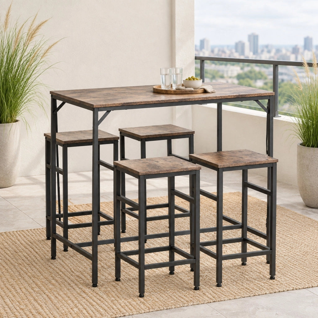 Set tavolo alto con 4 sgabelli, marrone rustico e nero
